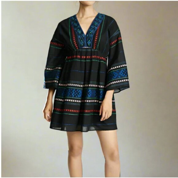 Joie Boho Embroidered Cotton Mini Dress Small Black VNeck Blue Shada Bell Sleeve - Picture 1 of 9